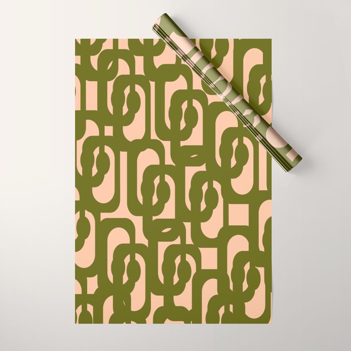 Mid Century Modern Loops Pattern in Deep Olive Green and Blush Peach Pink Wrapping Paper Gallery Image 1