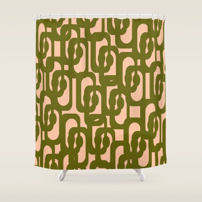 Mid Century Modern Loops Pattern in Deep Olive Green and Blush Peach Pink Shower Curtain Gallery Image 1