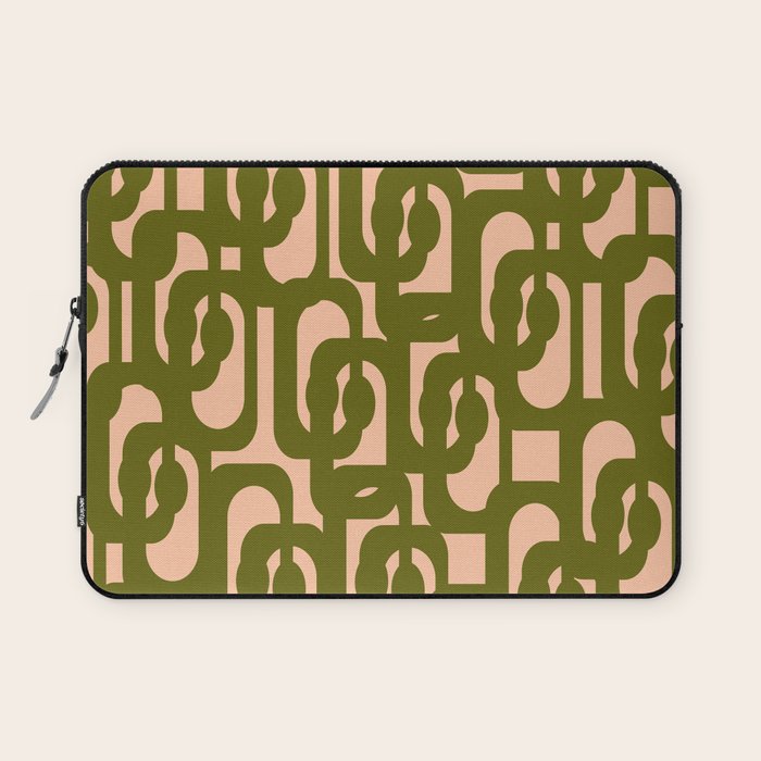 Mid Century Modern Loops Pattern in Deep Olive Green and Blush Peach Pink Laptop Sleeve Gallery Image 1