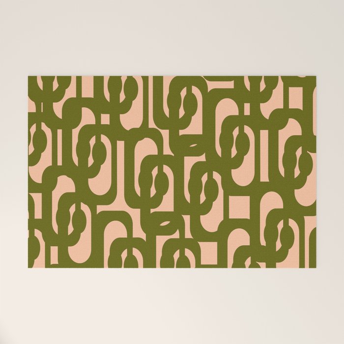 Mid Century Modern Loops Pattern in Deep Olive Green and Blush Peach Pink Welcome Mat Gallery Image 1