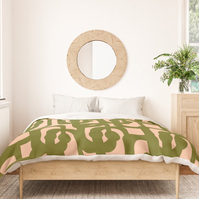 Mid Century Modern Loops Pattern in Deep Olive Green and Blush Peach Pink Duvet Cover Gallery Image 3