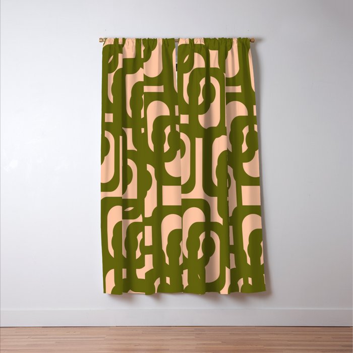 Mid Century Modern Loops Pattern in Deep Olive Green and Blush Peach Pink Window Curtain Gallery Image 3