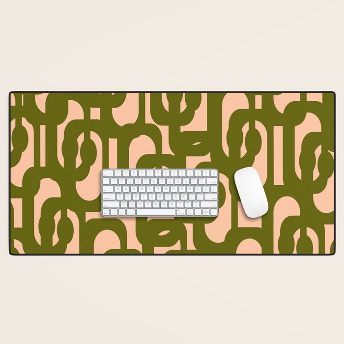 Mid Century Modern Loops Pattern in Deep Olive Green and Blush Peach Pink Desk Mat Gallery Image 1