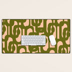 Mid Century Modern Loops Pattern in Deep Olive Green and Blush Peach Pink Desk Mat Gallery Image 1