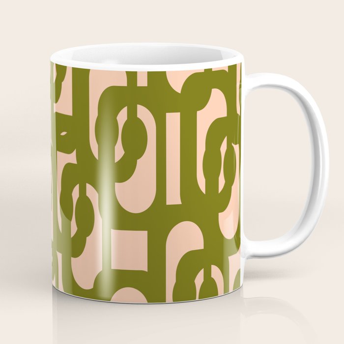 Mid Century Modern Loops Pattern in Deep Olive Green and Blush Peach Pink Coffee Mug Gallery Image 1