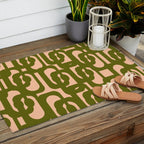 Mid Century Modern Loops Pattern in Deep Olive Green and Blush Peach Pink Outdoor Rug Gallery Image 2