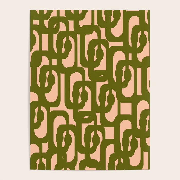 Mid Century Modern Loops Pattern in Deep Olive Green and Blush Peach Pink Poster Gallery Image 4