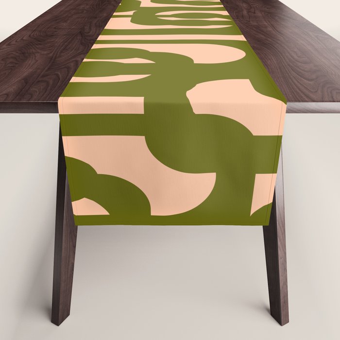 Mid Century Modern Loops Pattern in Deep Olive Green and Blush Peach Pink Table Runner Gallery Image 1