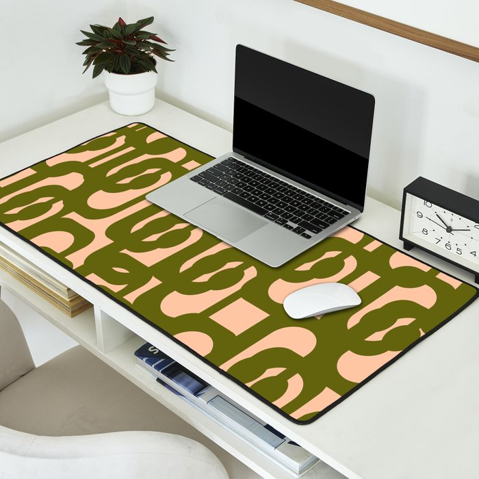 Mid Century Modern Loops Pattern in Deep Olive Green and Blush Peach Pink Desk Mat Gallery Image 2