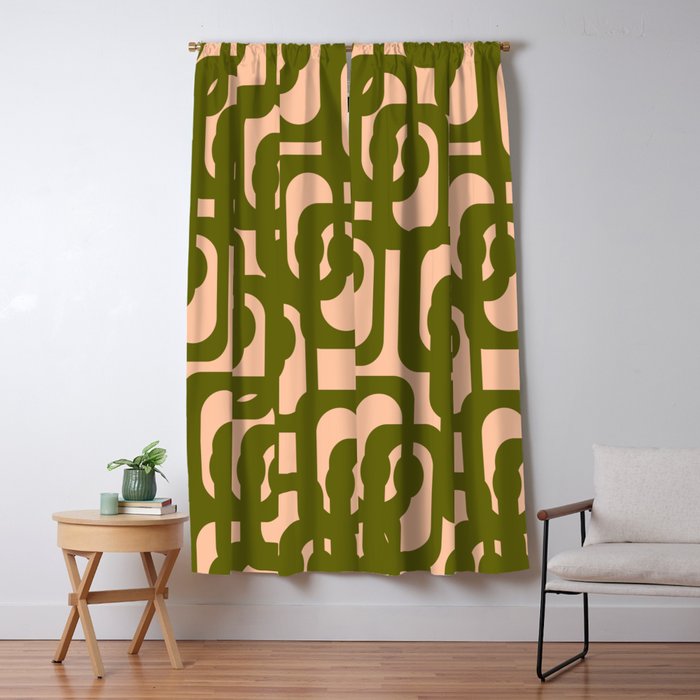 Mid Century Modern Loops Pattern in Deep Olive Green and Blush Peach Pink Window Curtain Gallery Image 1