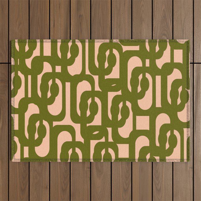 Mid Century Modern Loops Pattern in Deep Olive Green and Blush Peach Pink Outdoor Rug Gallery Image 1