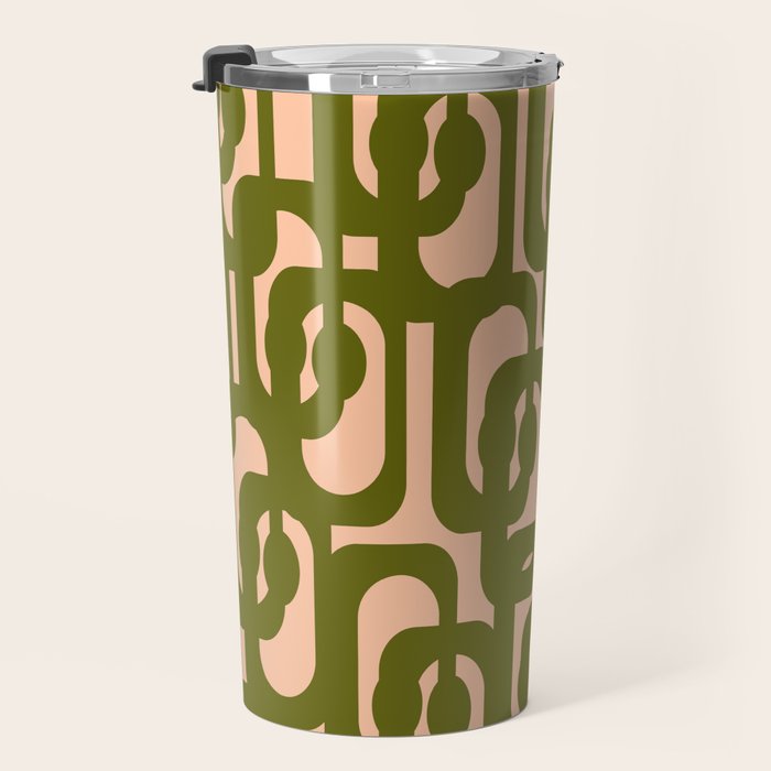 Mid Century Modern Loops Pattern in Deep Olive Green and Blush Peach Pink Travel Mug Gallery Image 3