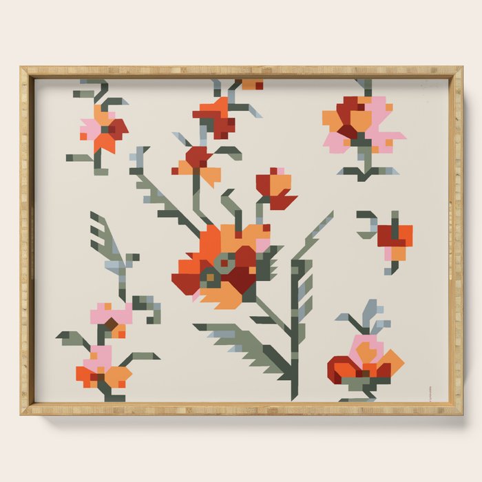 pixel folk ornaments floral embroidery Serving Tray Gallery Image 1