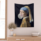 Girl with pearl earring blowing bubble gum Wall Tapestry Gallery Image 2