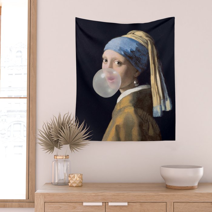 Girl with pearl earring blowing bubble gum Wall Tapestry Gallery Image 2