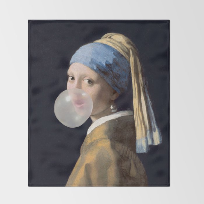 Girl with pearl earring blowing bubble gum Throw Blanket Gallery Image 2