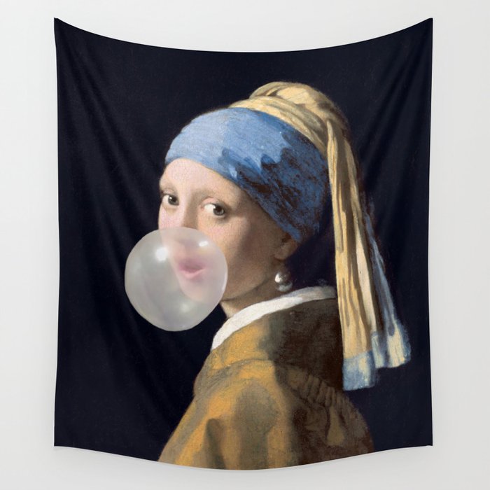 Girl with pearl earring blowing bubble gum Wall Tapestry Gallery Image 4
