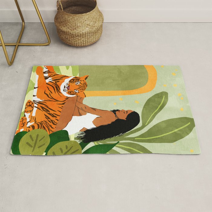 Just You & Me | Tiger Urban Jungle Friendship | Wild Cat Bohemian Black Woman with Pet  Rug Gallery Image 1