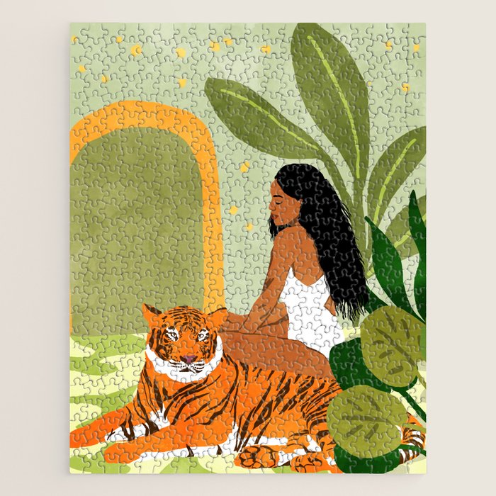 Just You & Me | Tiger Urban Jungle Friendship | Wild Cat Bohemian Black Woman with Pet  Jigsaw Puzzle Gallery Image 1