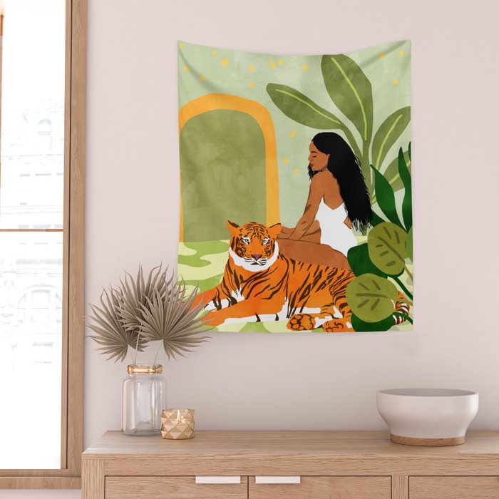 Just You & Me | Tiger Urban Jungle Friendship | Wild Cat Bohemian Black Woman with Pet  Wall Tapestry Gallery Image 2