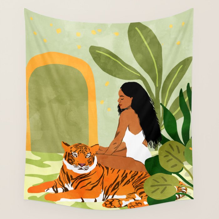 Just You & Me | Tiger Urban Jungle Friendship | Wild Cat Bohemian Black Woman with Pet  Wall Tapestry Gallery Image 1