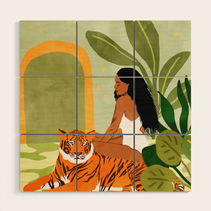 Just You & Me | Tiger Urban Jungle Friendship | Wild Cat Bohemian Black Woman with Pet  Wood Wall Art Gallery Image 1