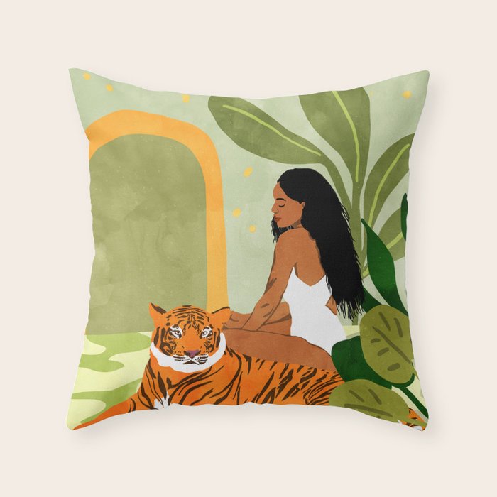 Just You & Me | Tiger Urban Jungle Friendship | Wild Cat Bohemian Black Woman with Pet  Throw Pillow Gallery Image 1
