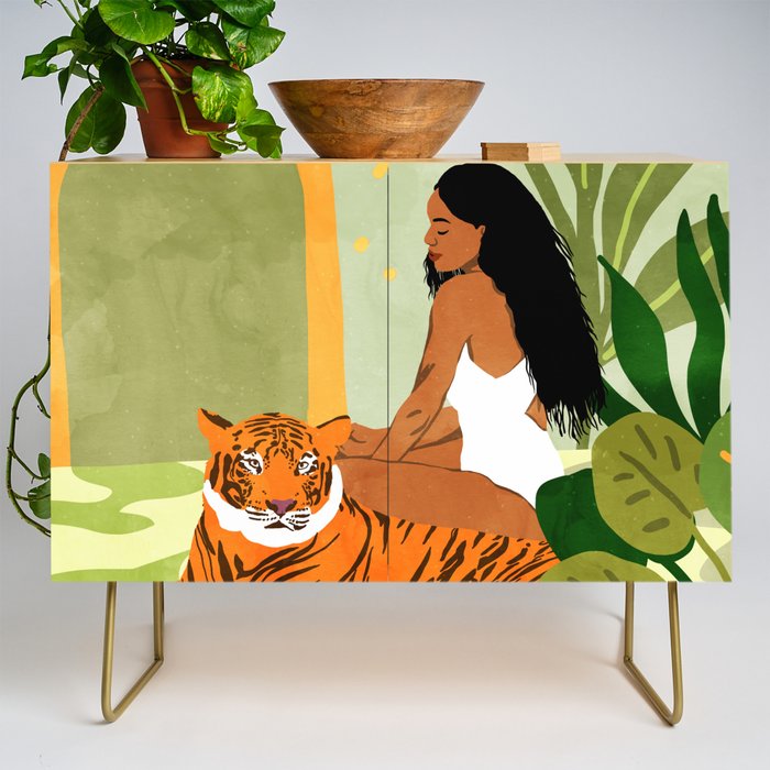 Just You & Me | Tiger Urban Jungle Friendship | Wild Cat Bohemian Black Woman with Pet  Credenza Gallery Image 1