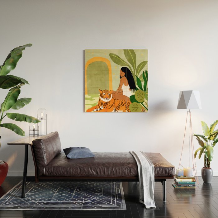 Just You & Me | Tiger Urban Jungle Friendship | Wild Cat Bohemian Black Woman with Pet  Wood Wall Art Gallery Image 2