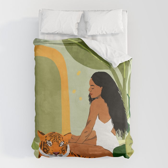 Just You & Me | Tiger Urban Jungle Friendship | Wild Cat Bohemian Black Woman with Pet  Duvet Cover Gallery Image 6