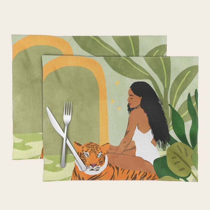 Just You & Me | Tiger Urban Jungle Friendship | Wild Cat Bohemian Black Woman with Pet  Placemat Gallery Image 1