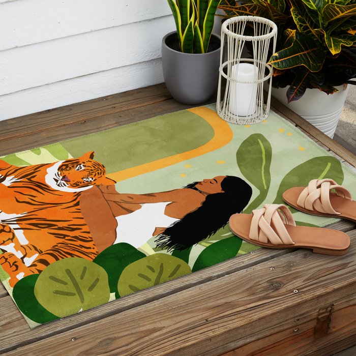 Just You & Me | Tiger Urban Jungle Friendship | Wild Cat Bohemian Black Woman with Pet  Outdoor Rug Gallery Image 2