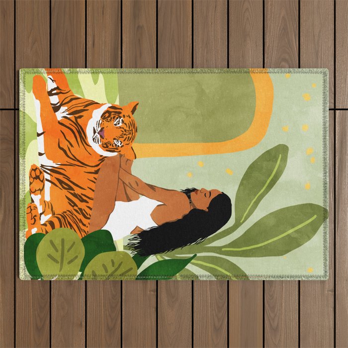 Just You & Me | Tiger Urban Jungle Friendship | Wild Cat Bohemian Black Woman with Pet  Outdoor Rug Gallery Image 1