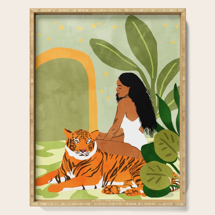 Just You & Me | Tiger Urban Jungle Friendship | Wild Cat Bohemian Black Woman with Pet  Serving Tray Gallery Image 1