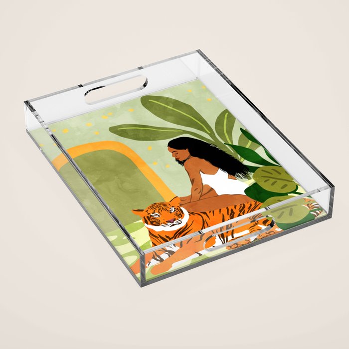 Just You & Me | Tiger Urban Jungle Friendship | Wild Cat Bohemian Black Woman with Pet  Acrylic Tray Gallery Image 1