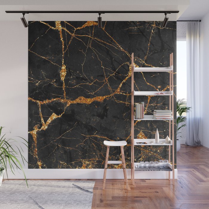 Black Malachite Marble With Gold Veins Wall Mural Gallery Image 1