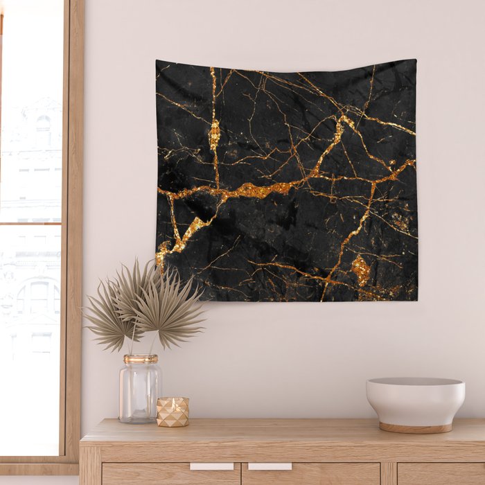 Black Malachite Marble With Gold Veins Wall Tapestry Gallery Image 2