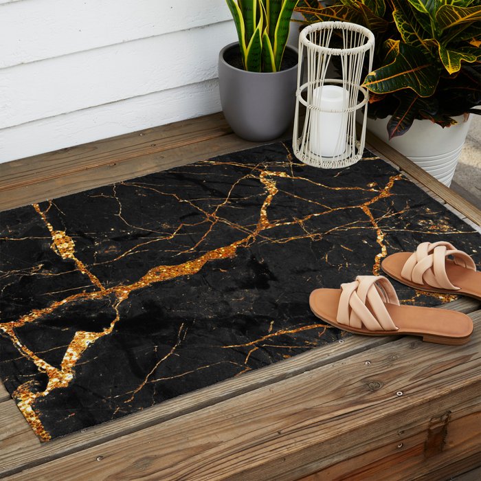 Black Malachite Marble With Gold Veins Outdoor Rug Gallery Image 2