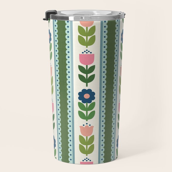 Scandi-Floral Stripes Green Pink Blue Travel Mug Gallery Image 3