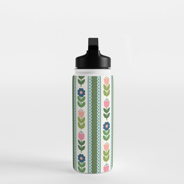 Scandi-Floral Stripes Green Pink Blue Water Bottle Gallery Image 3
