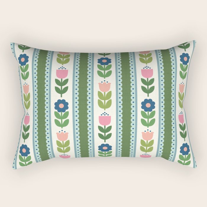 Scandi-Floral Stripes Green Pink Blue Rectangular Pillow Gallery Image 1