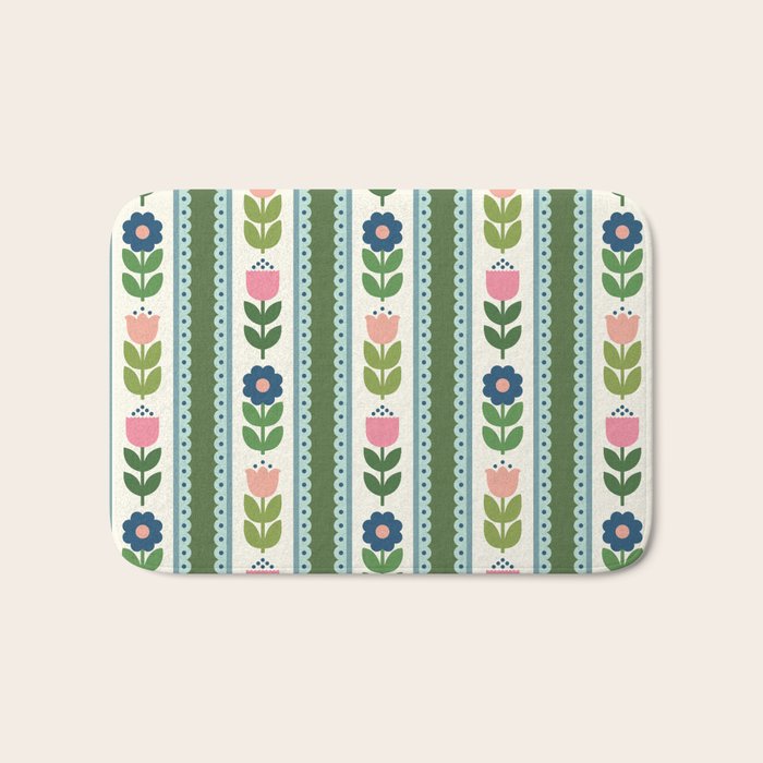 Scandi-Floral Stripes Green Pink Blue Bath Mat Gallery Image 1