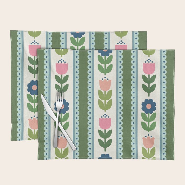 Scandi-Floral Stripes Green Pink Blue Placemat Gallery Image 1