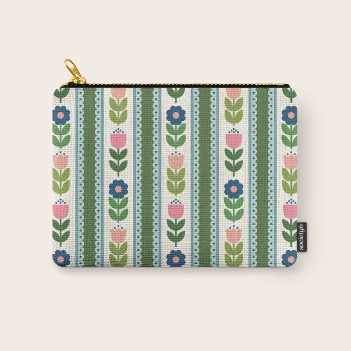 Scandi-Floral Stripes Green Pink Blue Carry All Pouch Gallery Image 1