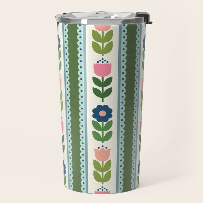 Scandi-Floral Stripes Green Pink Blue Travel Mug Gallery Image 2