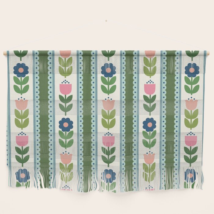 Scandi-Floral Stripes Green Pink Blue Wall Hanging Gallery Image 1