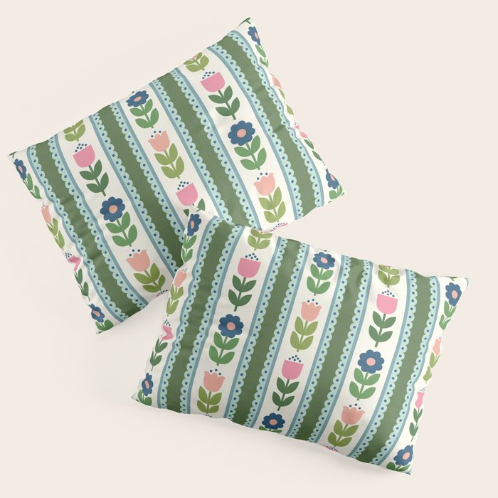 Scandi-Floral Stripes Green Pink Blue Pillow Sham Gallery Image 1
