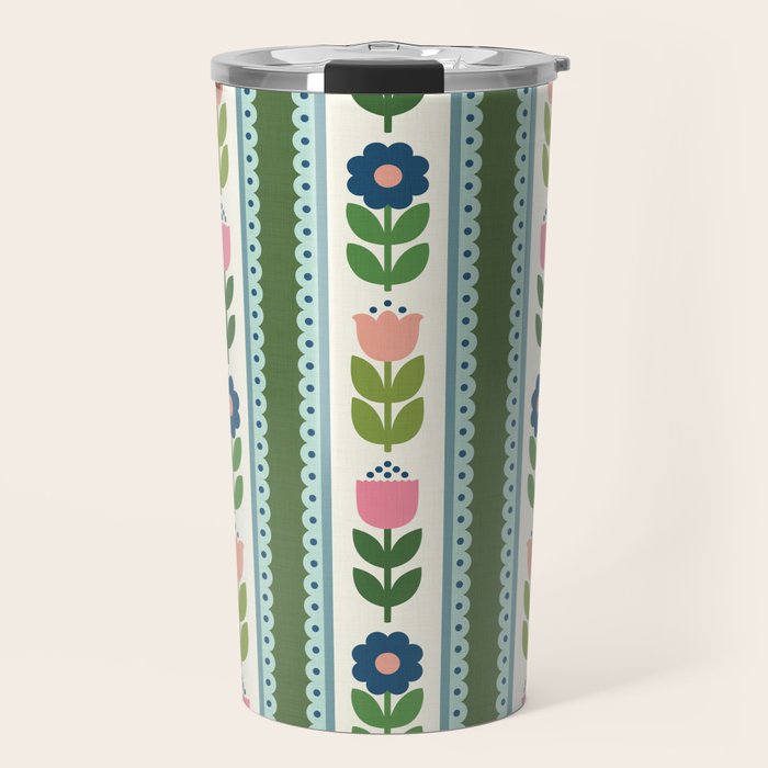 Scandi-Floral Stripes Green Pink Blue Travel Mug Gallery Image 1