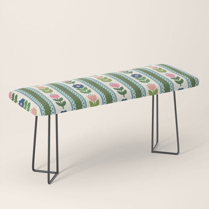 Scandi-Floral Stripes Green Pink Blue Bench Gallery Image 1