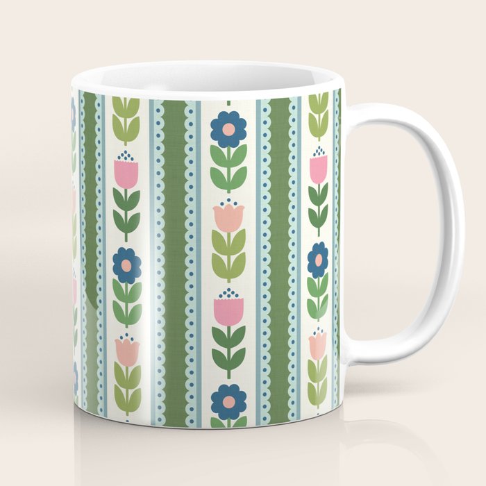 Scandi-Floral Stripes Green Pink Blue Coffee Mug Gallery Image 1